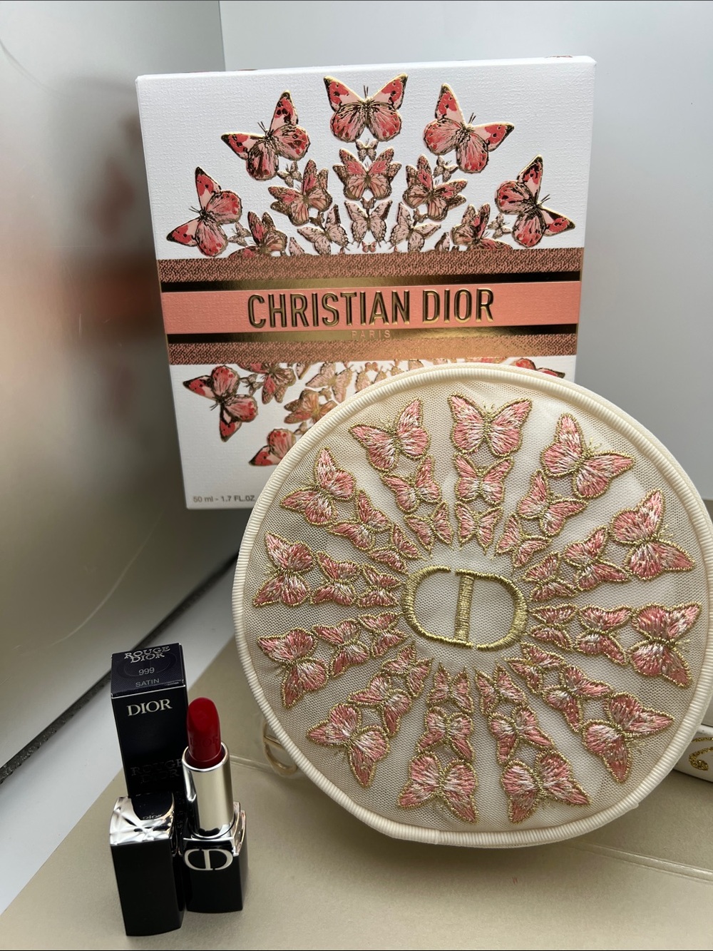 Dior CD Embroidered Butterflies Round Cosmetic Pouch & Dior Lipstick .05 Oz NWOT